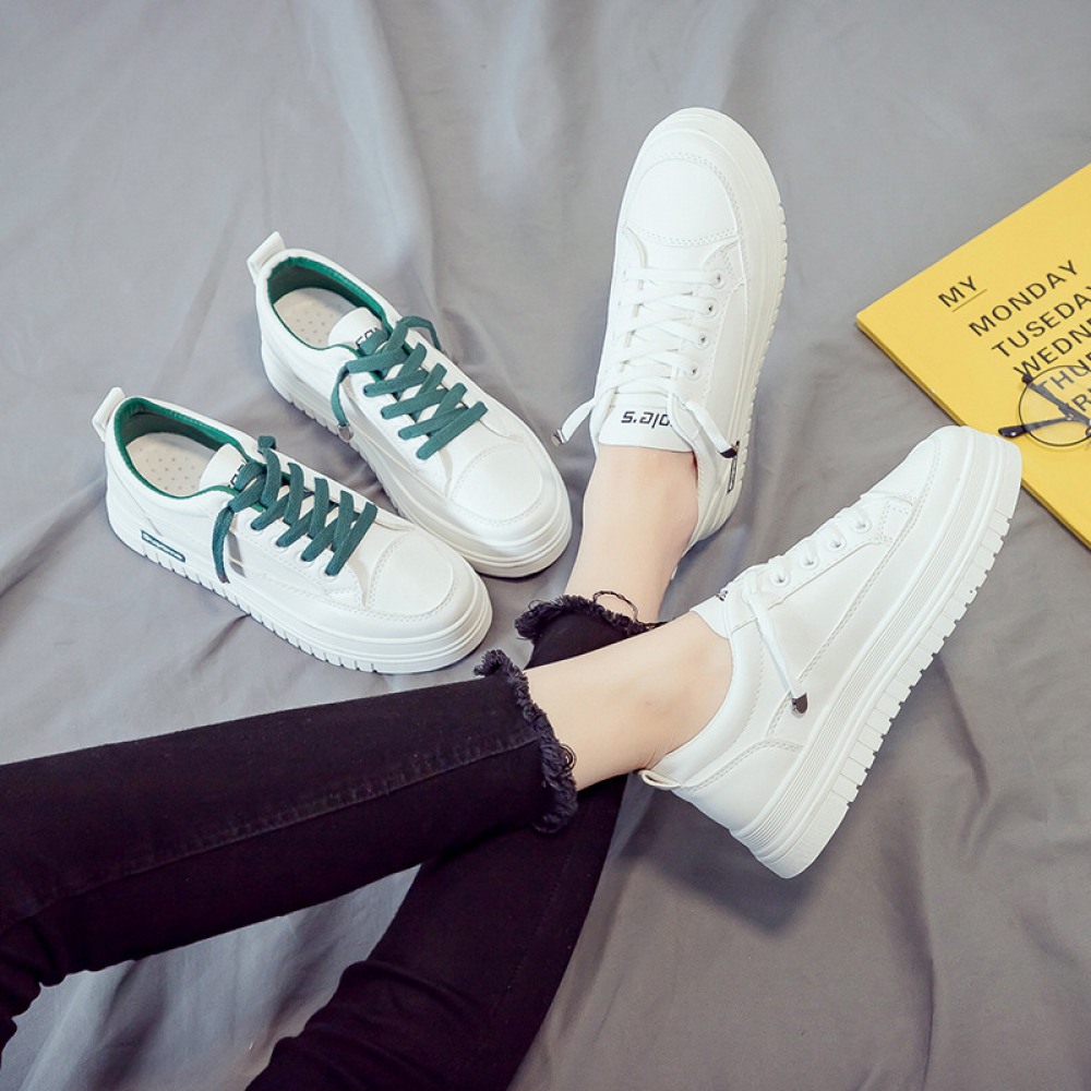 Basic White Flat Running Shoes Women's Lace-Up Platform Shoes