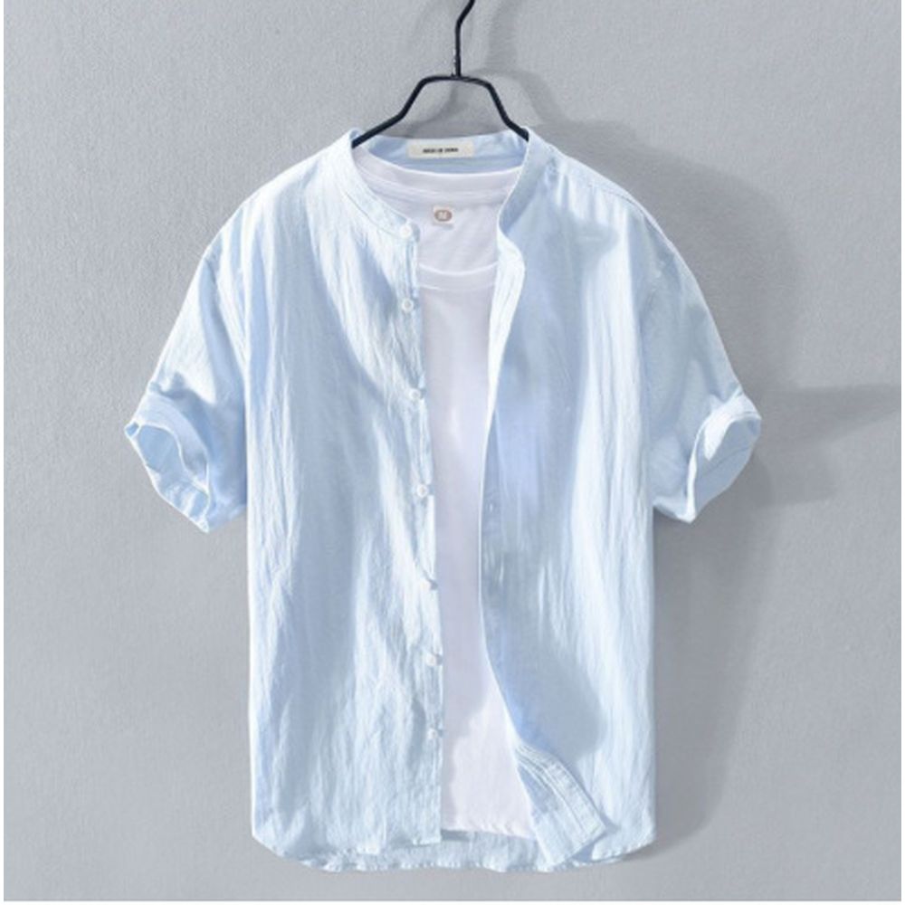 Stand Collar Linen Shirt Men's Short Sleeve Loose Casual Cotton And Linen Shirt Linen Fabric Top