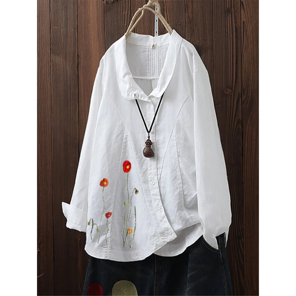 Summer Hot Embroidered Cotton Linen Short Sleeve Loose Casual Button T-Shirt Women